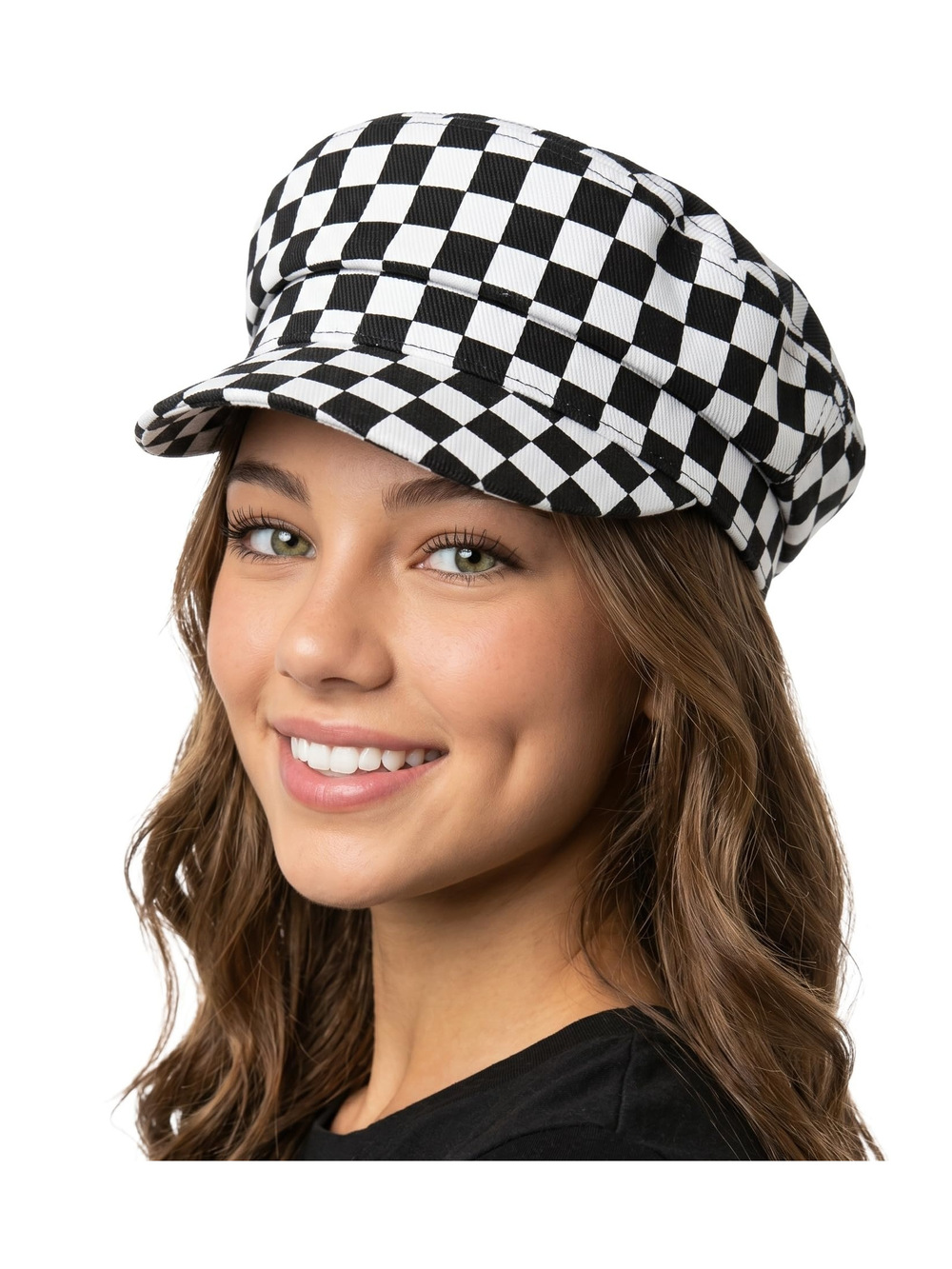 Greek Fisherman Newsboy Cap, Cotton Captains | Checker, White, Black | Size OS
